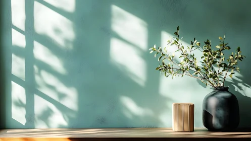 Window light casts shadows on wall beside vase and branch