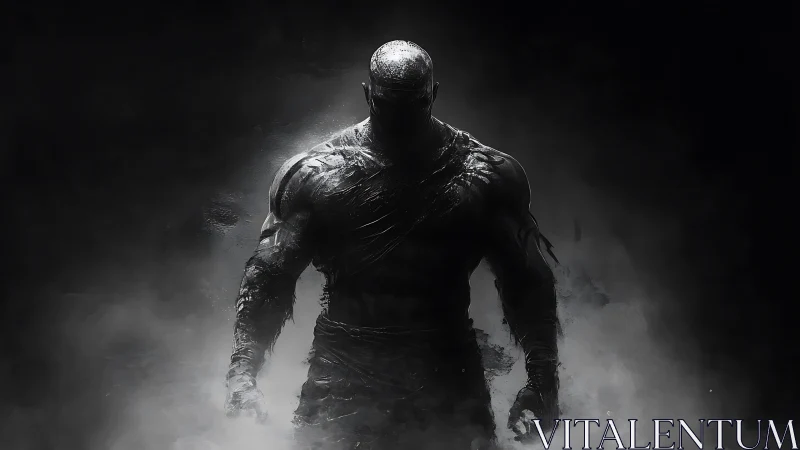 Shadow titan emerges from smoke in stark monochrome void.