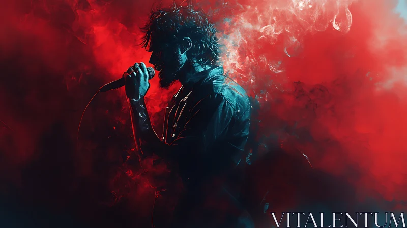 Silhouetted rock vocalist immersed in red atmospheric haze.