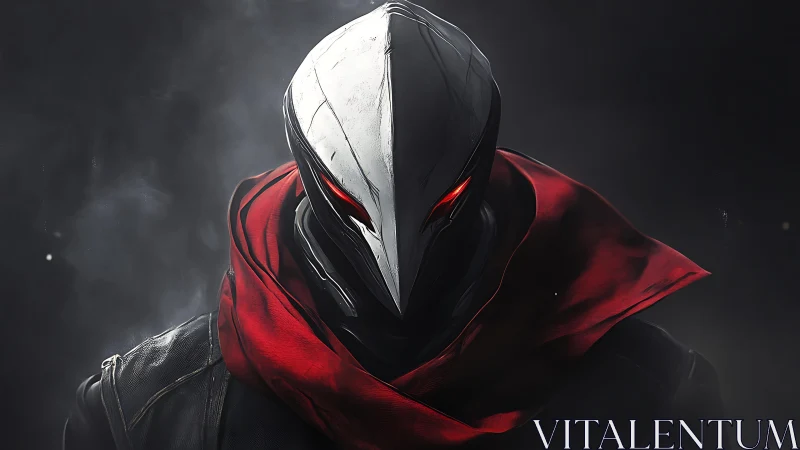 Crimson hooded sentinel studies the dark with burning eyes