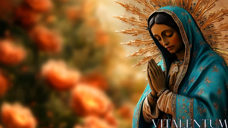 Gilded Marian statue in teal mantle with radial halo bokeh field