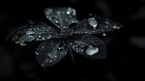 Leaves with water droplets against dark background.