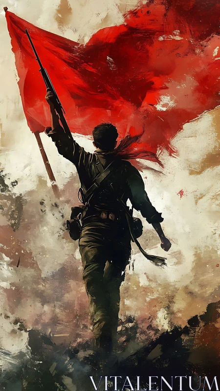 Lone soldier surges forward beneath a blazing red banner