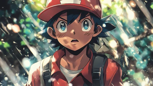 Anime boy with red cap stands in forest under dappled light