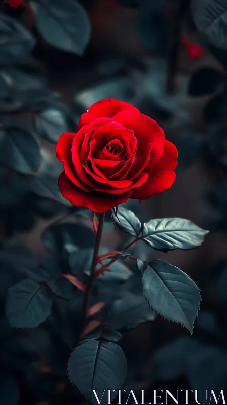 Vivid Red Rose Blooming Against Dark Foliage.