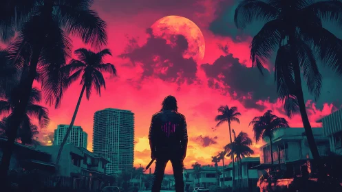 Hooded blond anime boy walks alone on a quiet suburban street