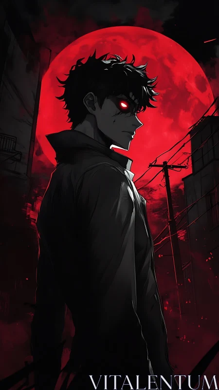 Shadowed antihero under a burning red moonlit sky.