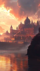 Golden riverside palace glowing in a dreamy sunset haze.