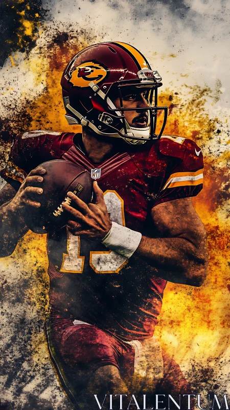 Fiery football quarterback charging forward with fearless focus.