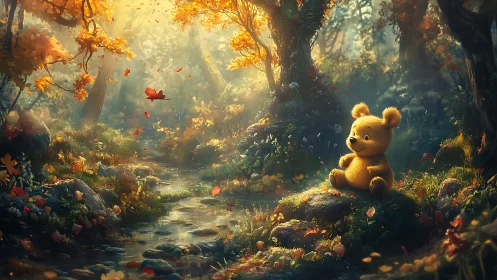 Golden teddy bear resting in sunlit autumn forest stream.