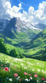 Sunlit mountain valley and wildflower meadow inviting daydreams.