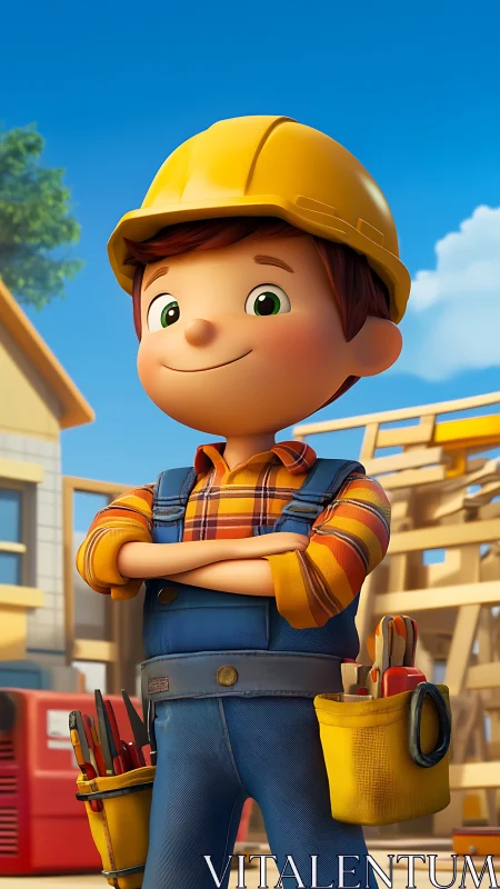 3D builder character in hard hat with tools at construction site.