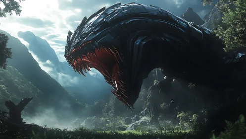 Colossal biomech serpent towers over misted jungle valley.
