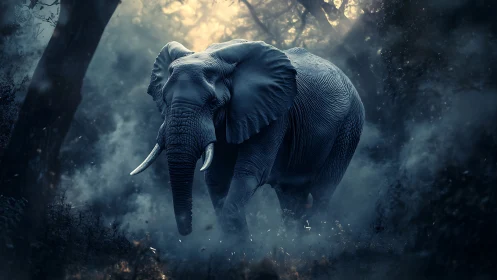 Solitary elephant in dense misted forest environment.