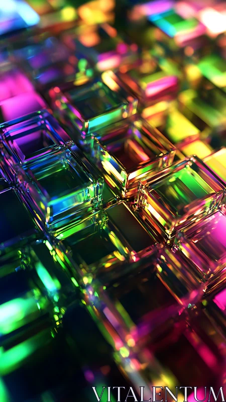 Colorful glass cubes in reflective geometric grid.