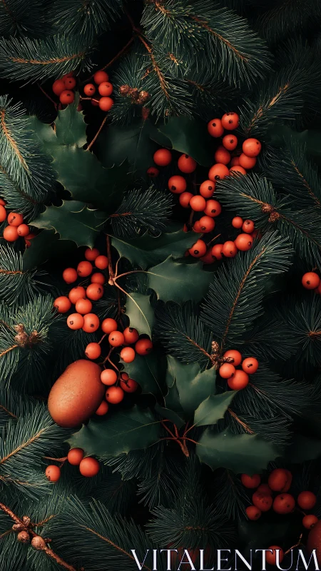 Pine branches with red berries and smooth brown ornaments.