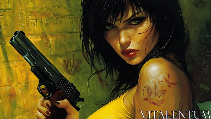 Defiant woman with pistol in bold urban neon portrait.