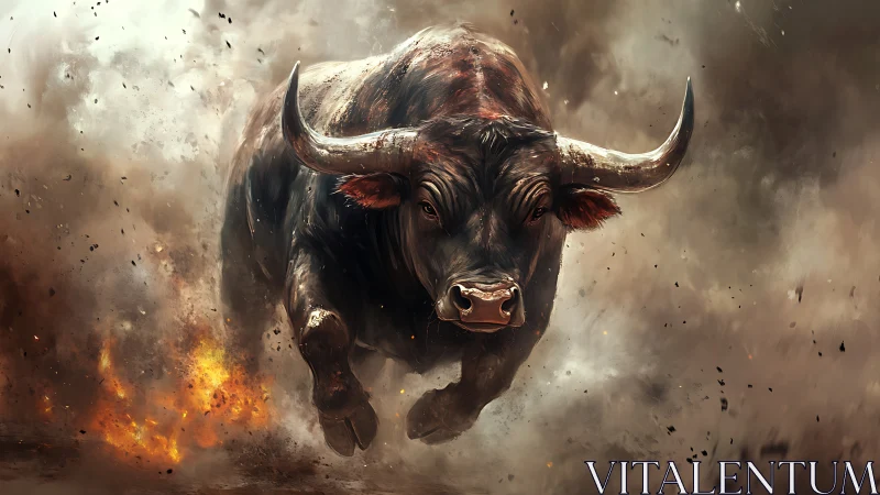 Raging bull charge through fire and smoke explosion scene.