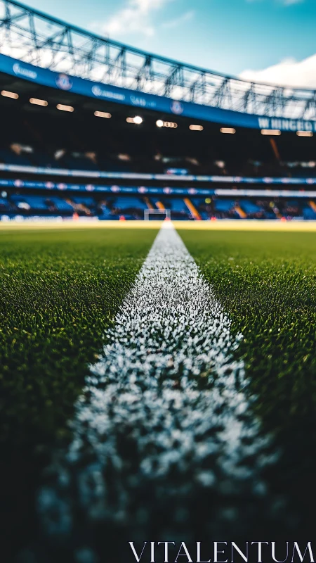 Low angle view of soccer pitch line in large stadium.