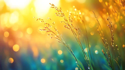 Backlit meadow grass with warm golden morning bokeh glow.