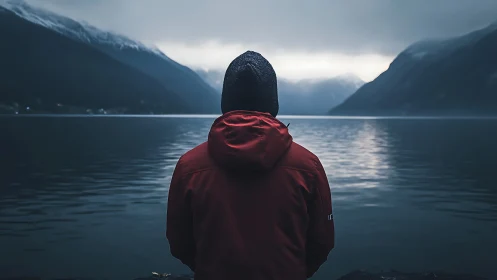 Solitary figure studies misty fjord under overcast mountain sky