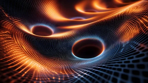 Abstract visualization of spacetime fabric and black holes in vibrant colors.