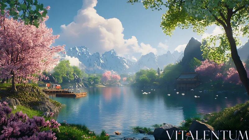 Tranquil spring lake embraced by blossoms and mountains.