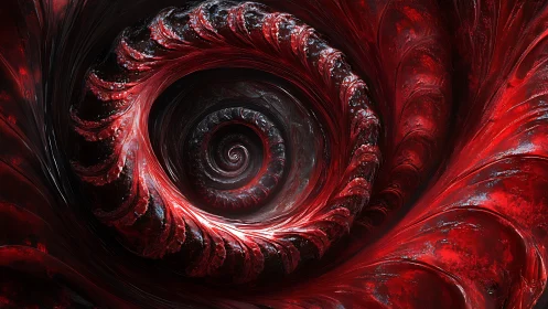 Crimson vortex curls inward like a baroque cosmic seashell