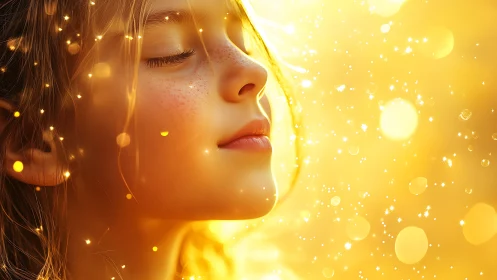 Side profile portrait of serene freckled child in golden bokeh