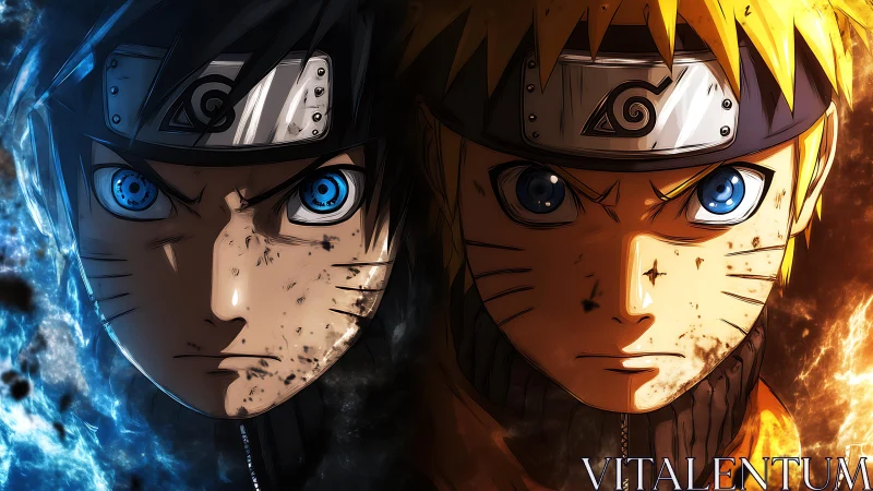 Dual anime portrait contrasts elemental blue and orange light