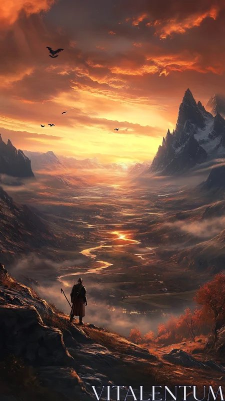 Lone traveler overlooks blazing sunset river valley vista