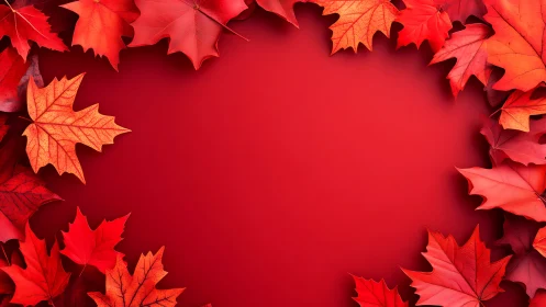 Red autumn maple leaves border on solid red background.