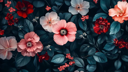 Red and Pink Gerberas Against Dark Teal Foliage.