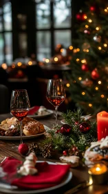 Low-light festive tablescape with bokeh-lit Christmas tree.