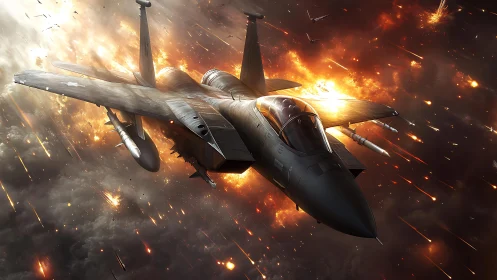 Twin-engine military jet aircraft executing combat maneuver through explosive environment