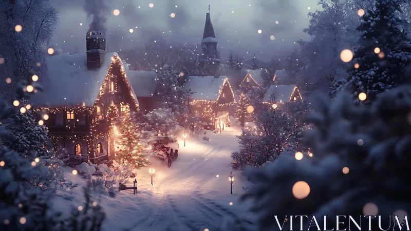 Snowy Christmas village glows softly under a winter dusk sky