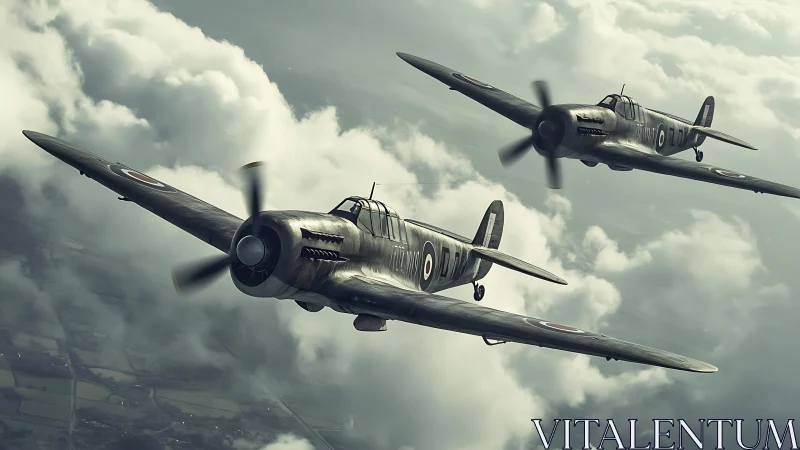 Photorealistic WWII fighter formation in dynamic cloudscape.
