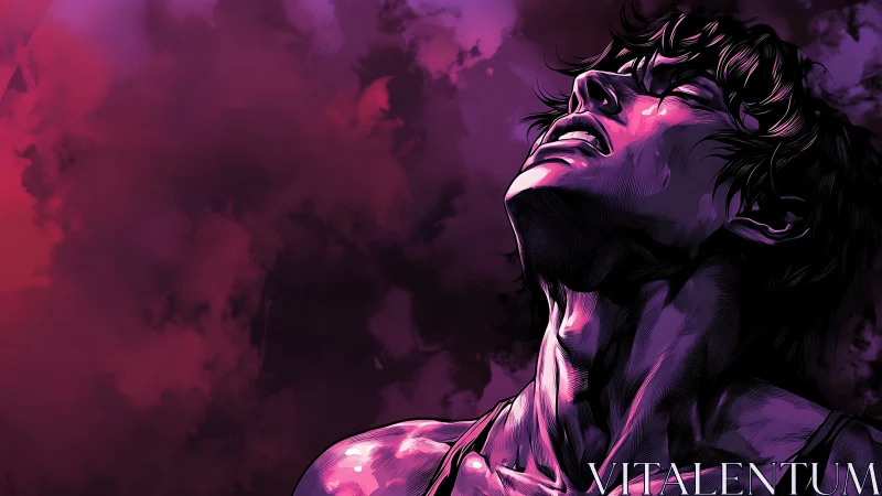 Intense anime portrait bathed in bold violet light.