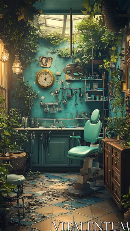 Overgrown vintage dentist room turns into a gentle green haven