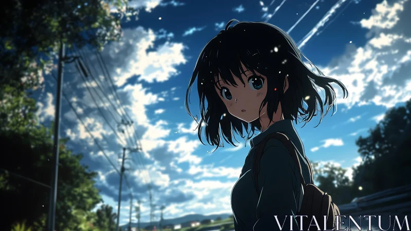 Backlit roadside schoolgirl under contrail-streaked dusk sky.