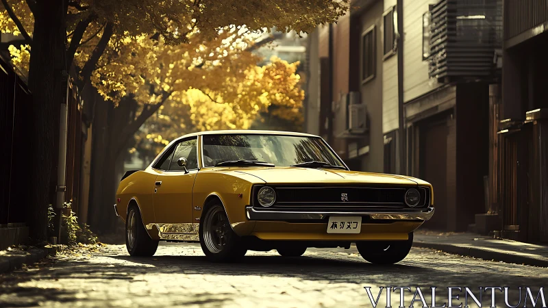 Golden classic coupe parked in sunlit autumn street.