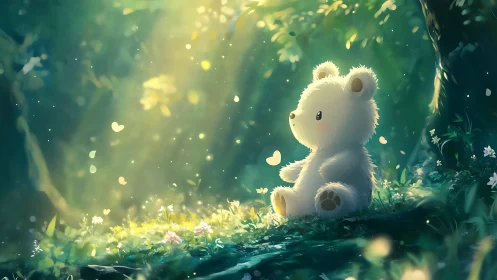 Luminous forest glade with plush bear under volumetric light.
