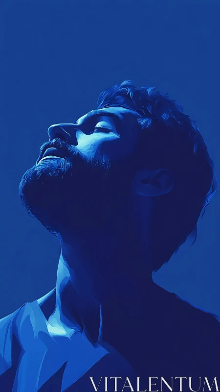 Monochrome blue male side portrait with upward gaze lighting