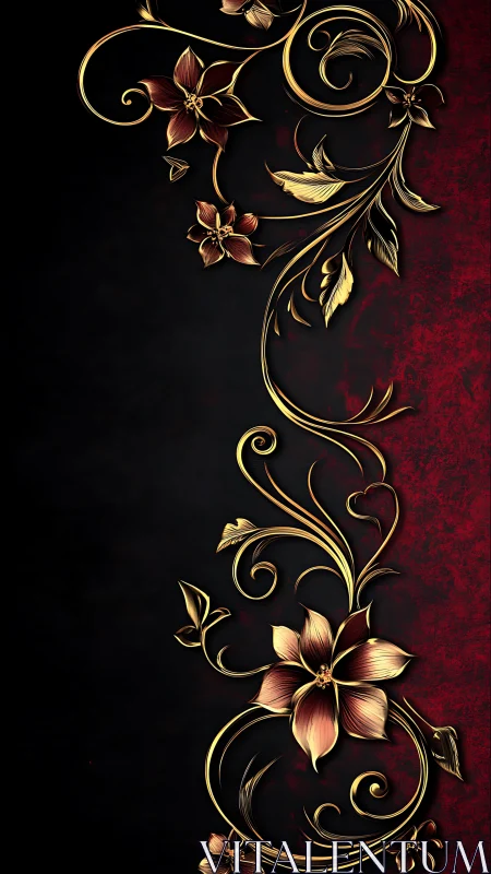Baroque floral scrollwork with metallic gradients on red-black field