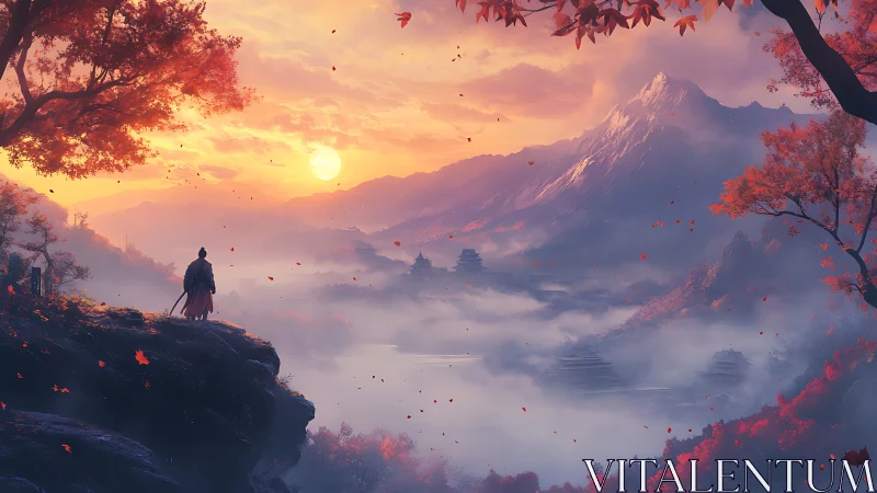 Samurai overlooks mist valley under blazing autumn sunrise.
