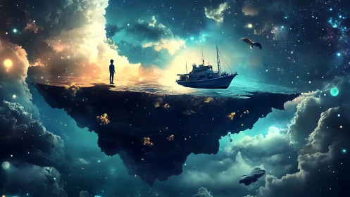 Drifting island harbor sails through a dreamlit cosmos.