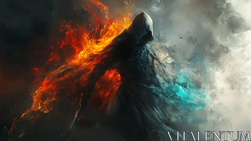 Elemental wraith strides through fire and frostbound storm.