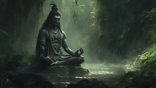 Meditating ascetic rendered in atmospheric jungle digital painting