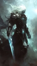 Dark armored swordsman strides through spectral storm fog