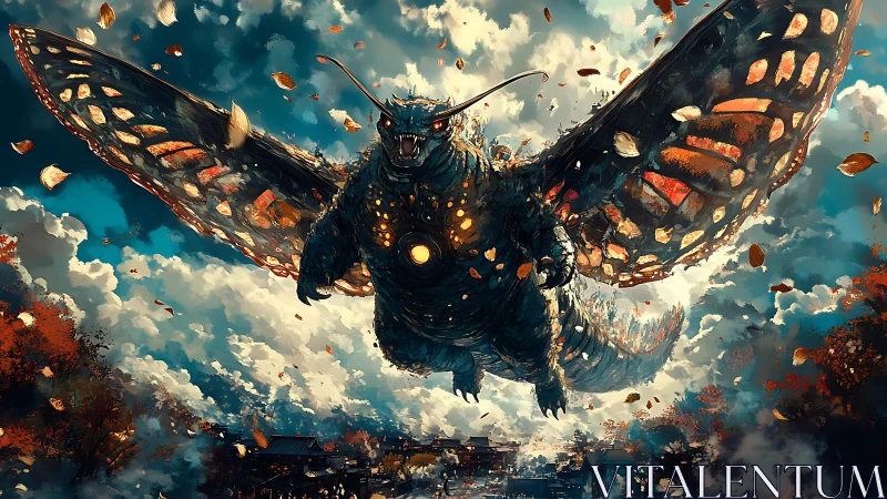 Gentle sky titan with glowing wings over autumn rooftops.